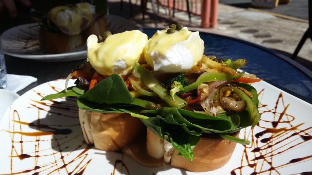 The unusual and delicious Eggs Benedict found at the Ocean Park Cafe, a place we discovered on Yelp 